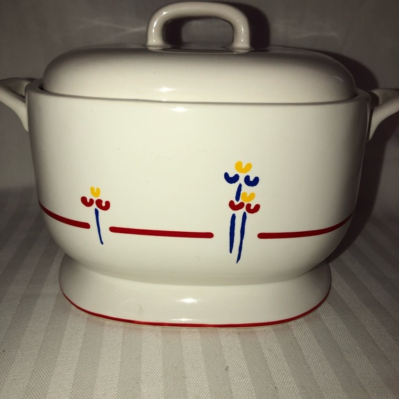 Retro/ vintage gray boat / soup tureen Riva Designs Tulips red/blue/yellow - Picture 3 of 15